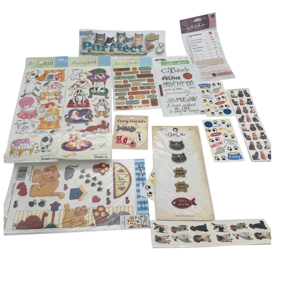 Cat Dog Sticker Scrapbook Lot Daisy Hill Sticko EK Success Rub-ons Gels 14 pcs